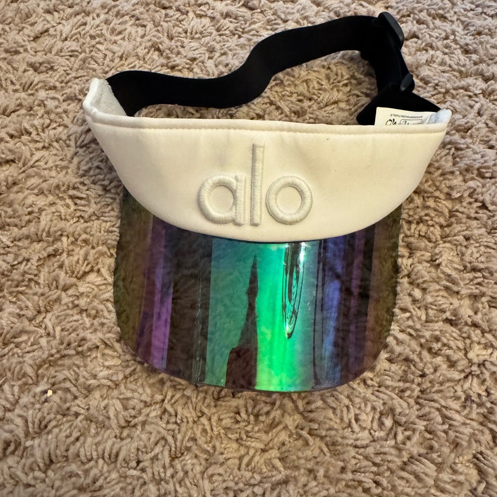ALO Yoga White Visor with Iridescent Green/Purple Shield
